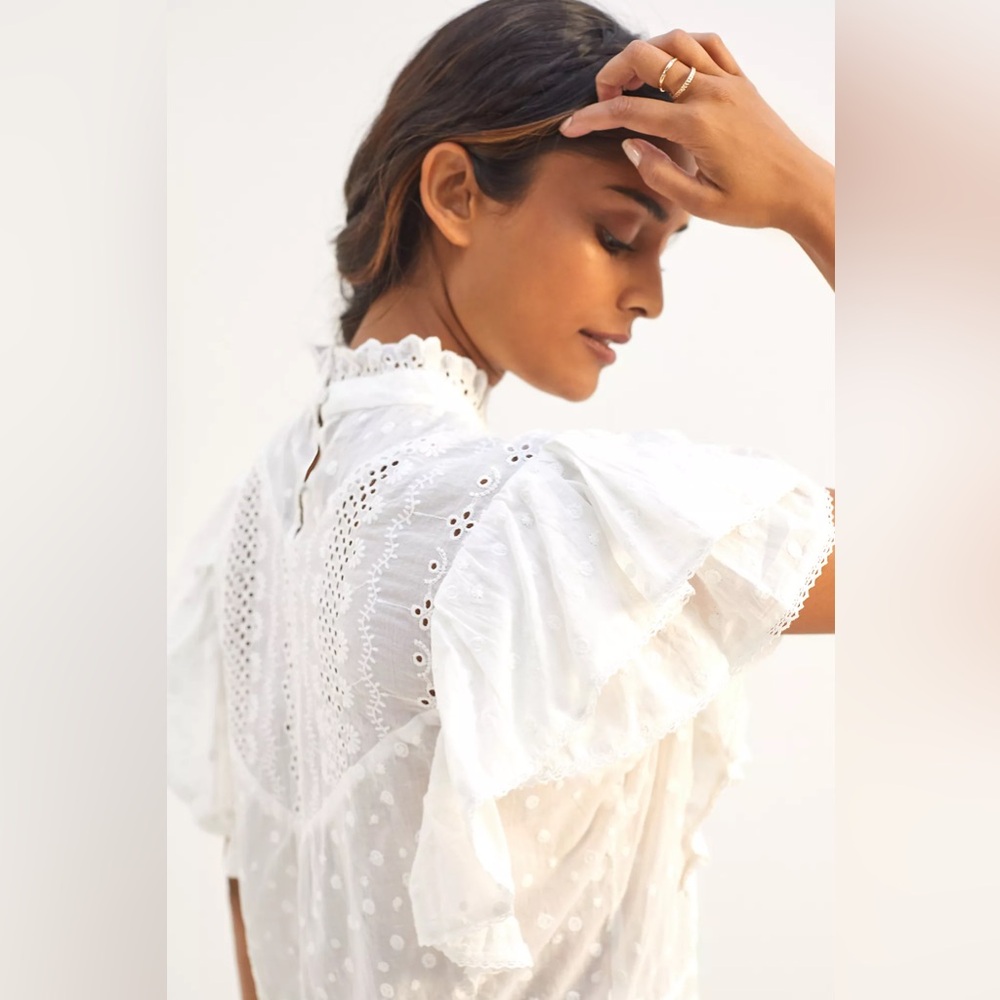 Anthropologie Ruffled Eyelet Blouse White Cottagecore Boho Prairie Top Medium - Picture 4 of 13